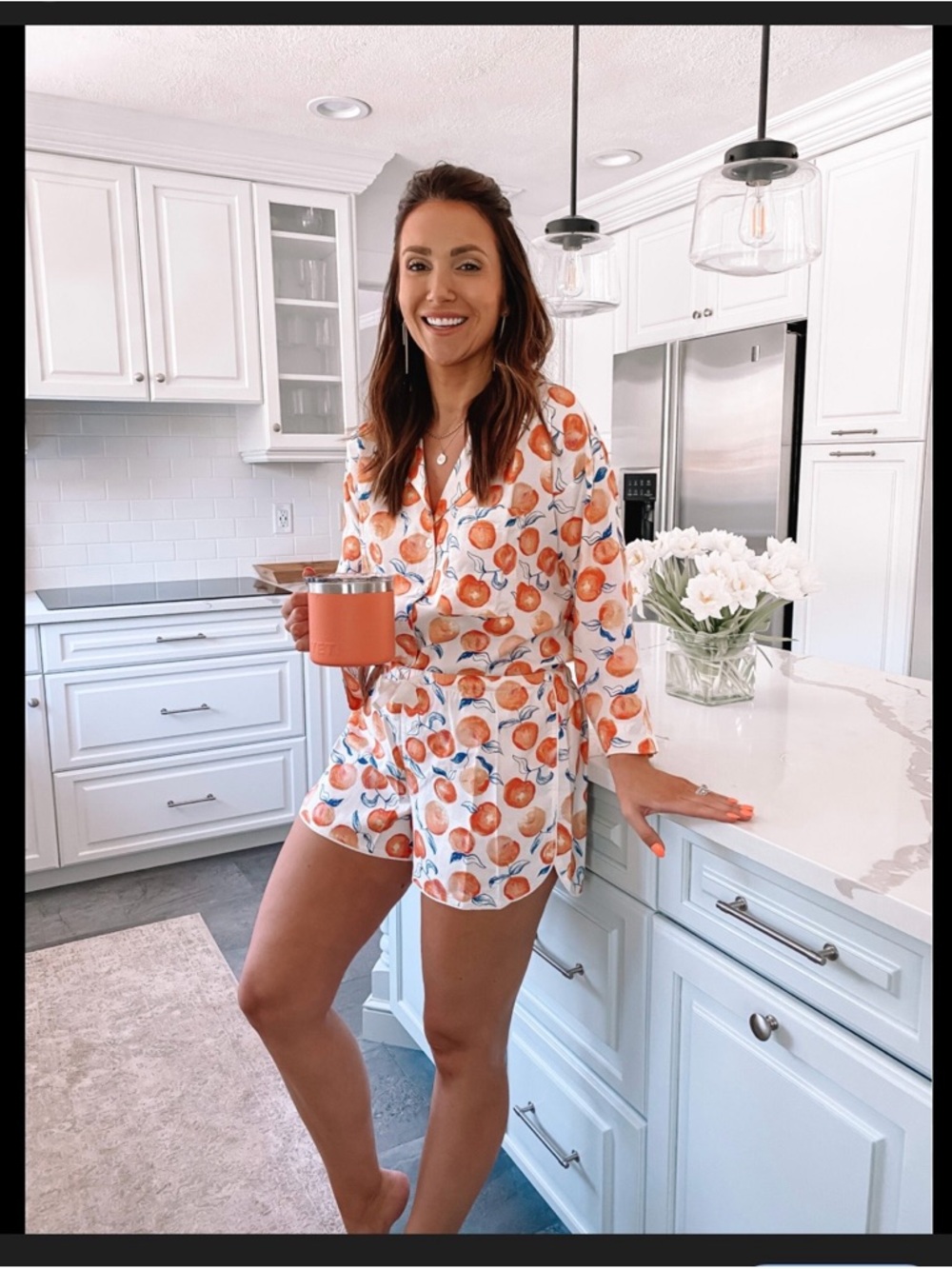 LOFT Peach-Print Satin Pajama Set in White with Orange and Blue Accents